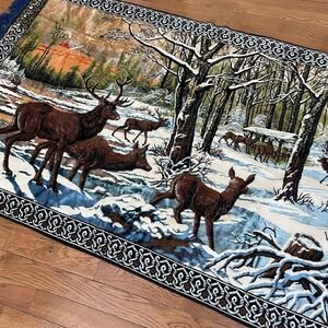 Vtg Velvet Wall Tapestry Winter Snow Forest Scene Deer Buck Doe Sunset 50 x 80"